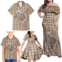 Beige Hawaii Palaka Cowboy Turtle Family Matching Off Shoulder Maxi Dress and Hawaiian Shirt Hawaiian Paniolo Puakenikeni Maile Lei - Polynesian Pride