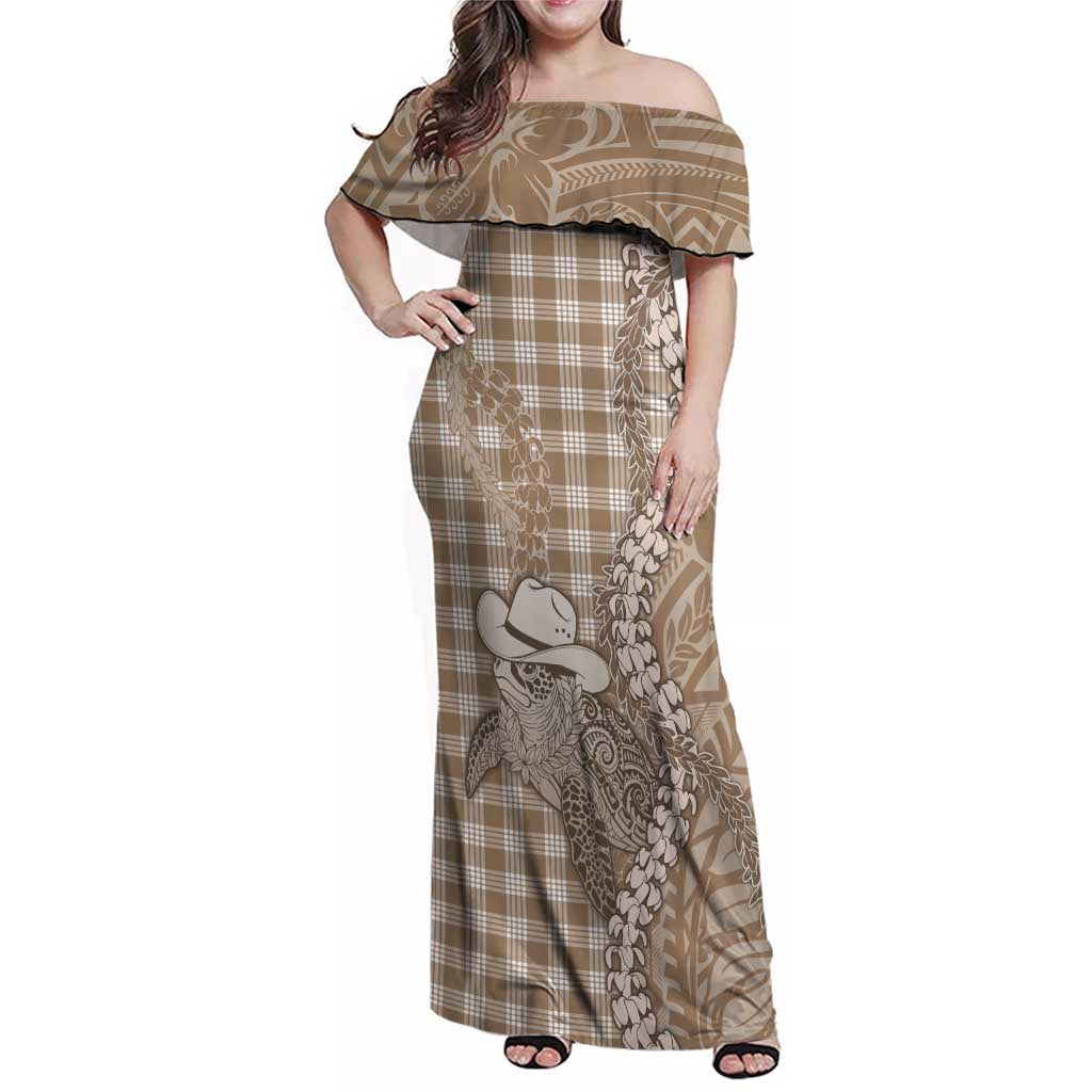 Beige Hawaii Palaka Cowboy Turtle Family Matching Off Shoulder Maxi Dress and Hawaiian Shirt Hawaiian Paniolo Puakenikeni Maile Lei - Polynesian Pride