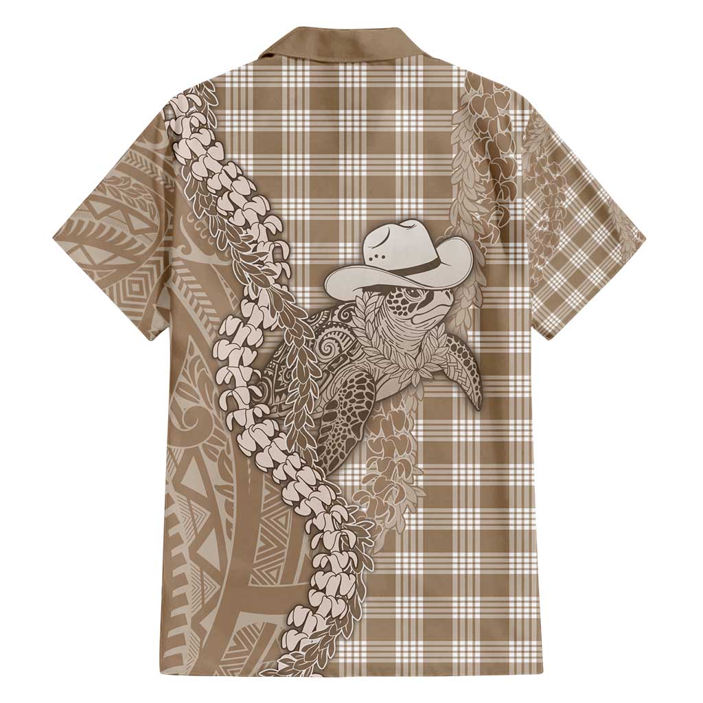 Beige Hawaii Palaka Cowboy Turtle Family Matching Puletasi and Hawaiian Shirt Hawaiian Paniolo Puakenikeni Maile Lei - Polynesian Pride