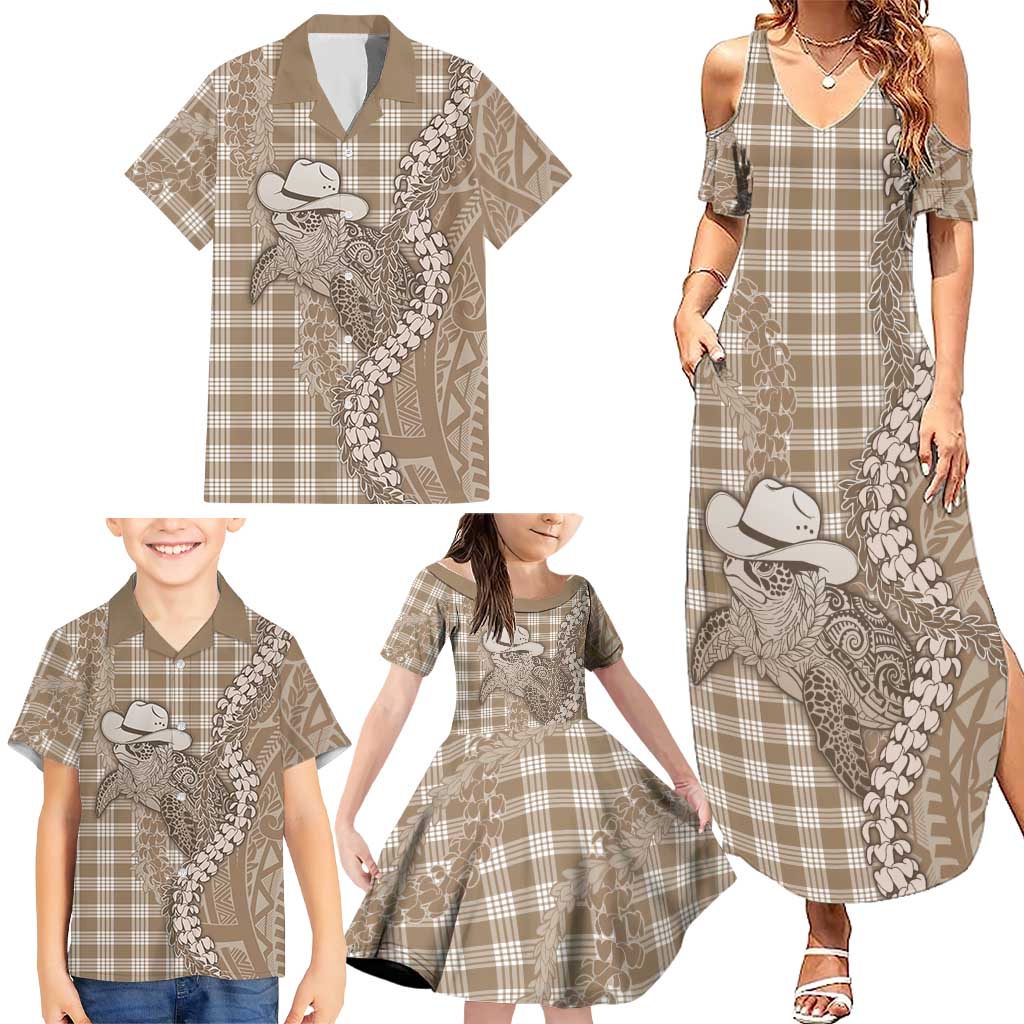 Beige Hawaii Palaka Cowboy Turtle Family Matching Summer Maxi Dress and Hawaiian Shirt Hawaiian Paniolo Puakenikeni Maile Lei DT05 - Polynesian Pride