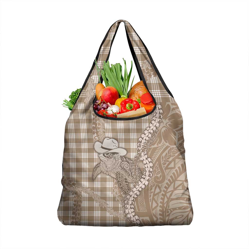 Beige Hawaii Palaka Cowboy Turtle Grocery Bag Hawaiian Paniolo Puakenikeni Maile Lei - Polynesian Pride