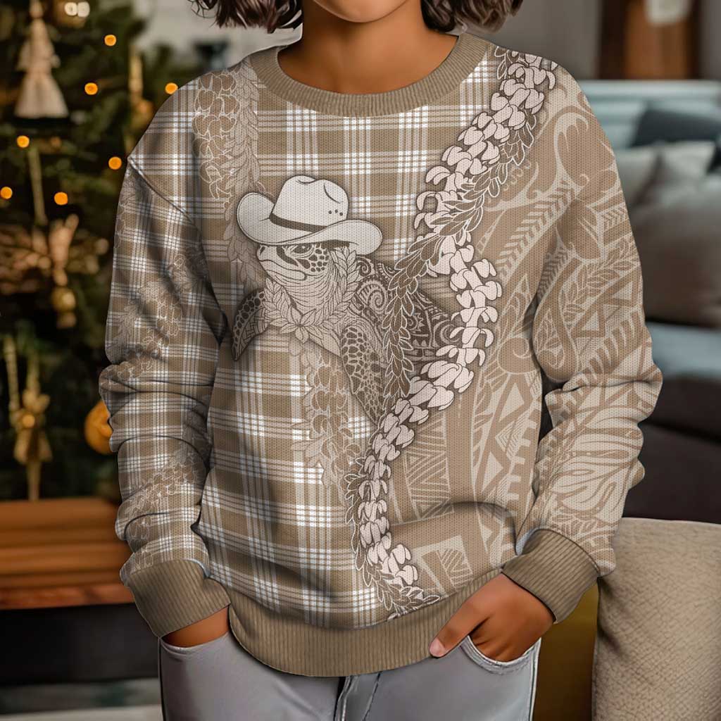 Beige Hawaii Palaka Cowboy Turtle Kid Ugly Christmas Sweater Hawaiian Paniolo Puakenikeni Maile Lei - Polynesian Pride