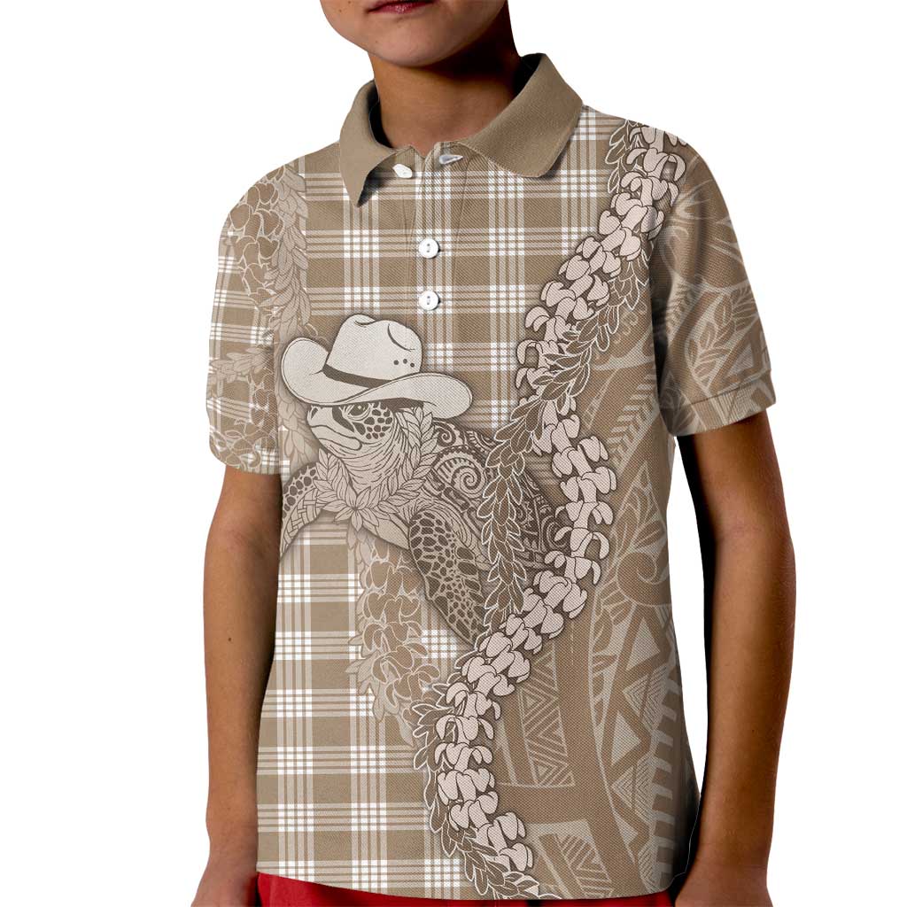Beige Hawaii Palaka Cowboy Turtle Kid Polo Shirt Hawaiian Paniolo Puakenikeni Maile Lei - Polynesian Pride