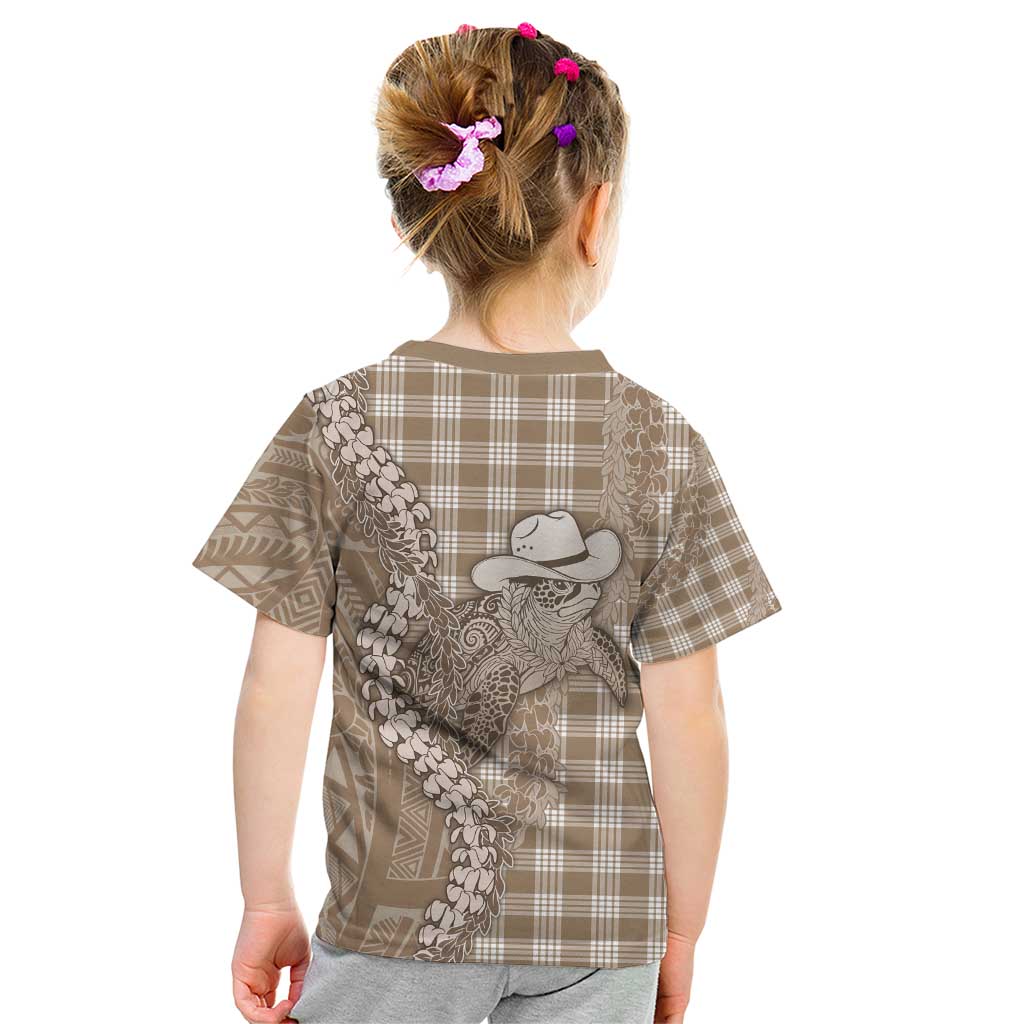 Beige Hawaii Palaka Cowboy Turtle Kid T Shirt Hawaiian Paniolo Puakenikeni Maile Lei - Polynesian Pride