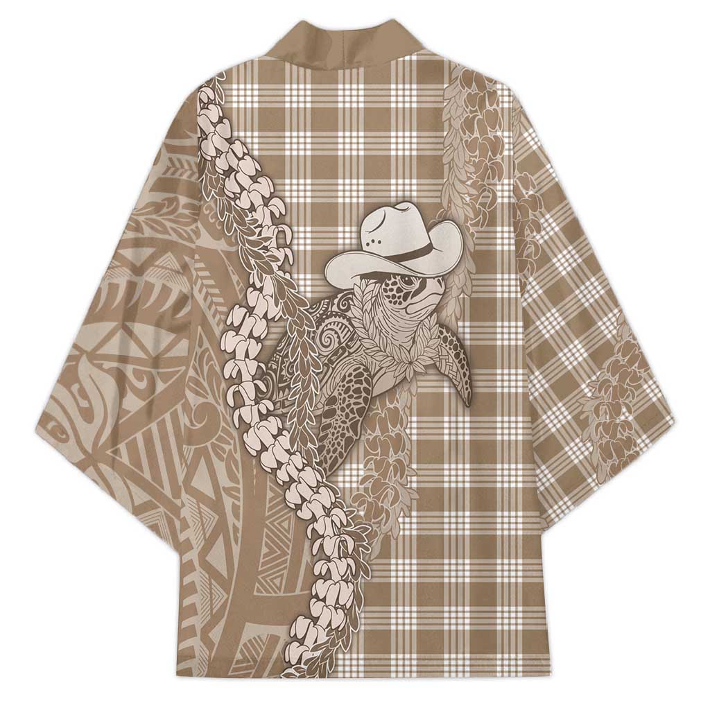 Beige Hawaii Palaka Cowboy Turtle Kimono Hawaiian Paniolo Puakenikeni Maile Lei - Polynesian Pride