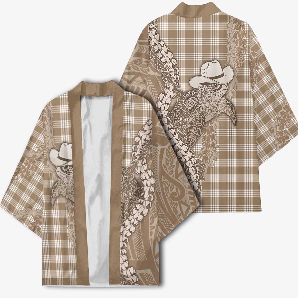 Beige Hawaii Palaka Cowboy Turtle Kimono Hawaiian Paniolo Puakenikeni Maile Lei - Polynesian Pride