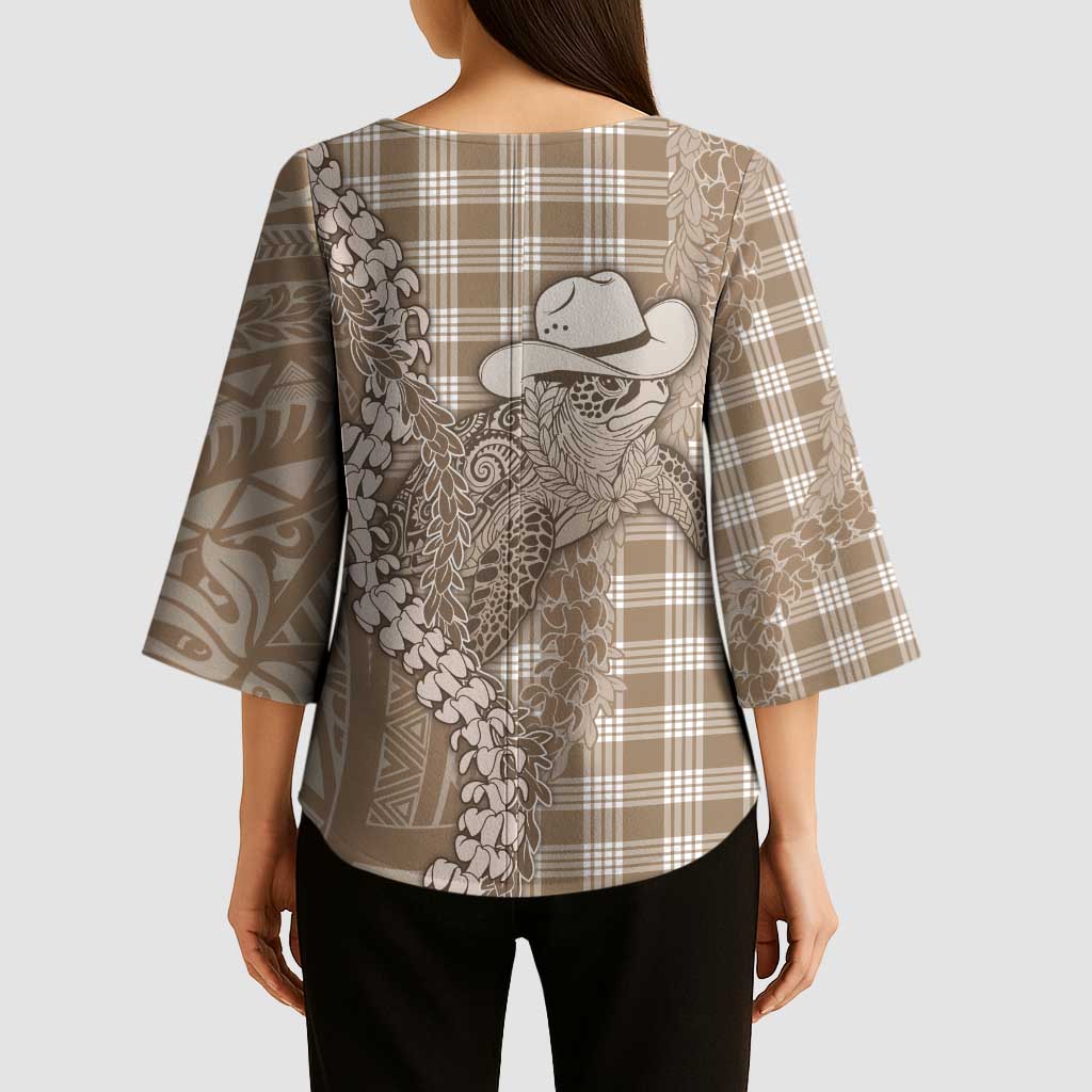 Beige Hawaii Palaka Cowboy Turtle Kimono Sleeve Blouse Hawaiian Paniolo Puakenikeni Maile Lei - Polynesian Pride