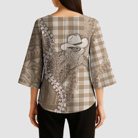 Beige Hawaii Palaka Cowboy Turtle Kimono Sleeve Blouse Hawaiian Paniolo Puakenikeni Maile Lei - Polynesian Pride