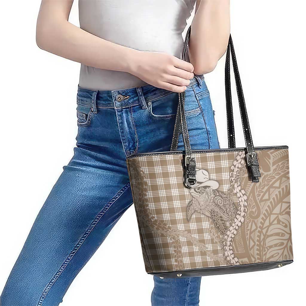 Beige Hawaii Palaka Cowboy Turtle Leather Tote Bag Hawaiian Paniolo Puakenikeni Maile Lei - Polynesian Pride