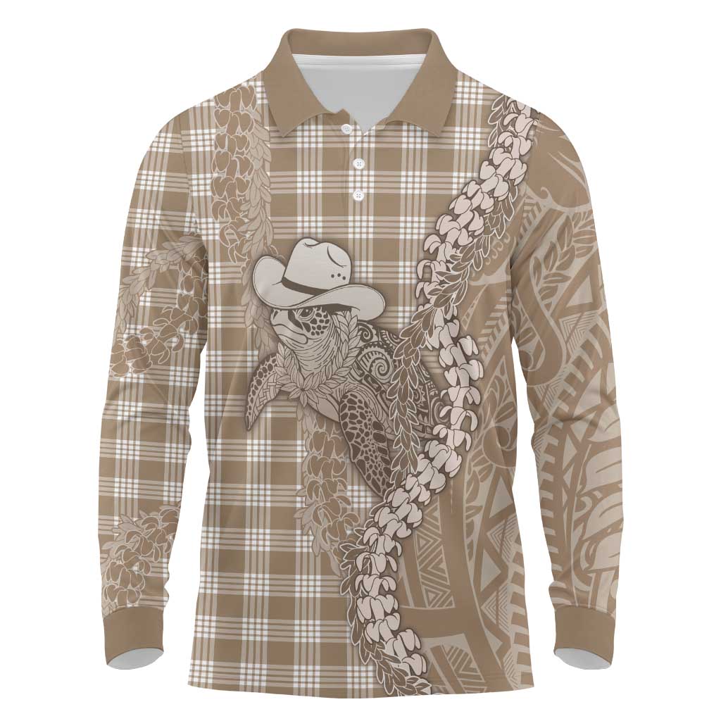 Beige Hawaii Palaka Cowboy Turtle Long Sleeve Polo Shirt Hawaiian Paniolo Puakenikeni Maile Lei - Polynesian Pride