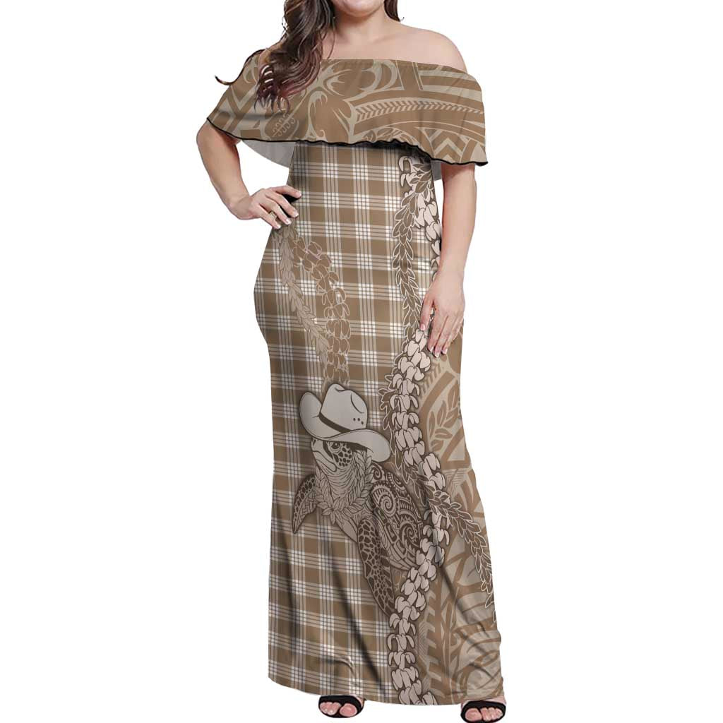 Beige Hawaii Palaka Cowboy Turtle Off Shoulder Maxi Dress Hawaiian Paniolo Puakenikeni Maile Lei - Polynesian Pride