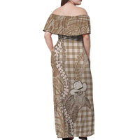 Beige Hawaii Palaka Cowboy Turtle Off Shoulder Maxi Dress Hawaiian Paniolo Puakenikeni Maile Lei - Polynesian Pride