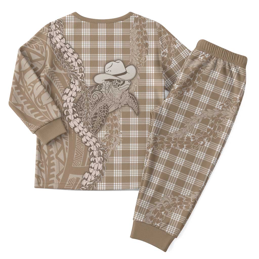 Beige Hawaii Palaka Cowboy Turtle Christmas Pajama Set Hawaiian Paniolo Puakenikeni Maile Lei - Polynesian Pride