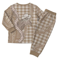 Beige Hawaii Palaka Cowboy Turtle Christmas Pajama Set Hawaiian Paniolo Puakenikeni Maile Lei - Polynesian Pride