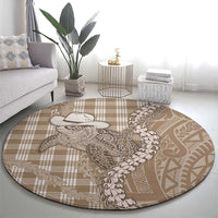 Beige Hawaii Palaka Cowboy Turtle Round Carpet Hawaiian Paniolo Puakenikeni Maile Lei - Polynesian Pride