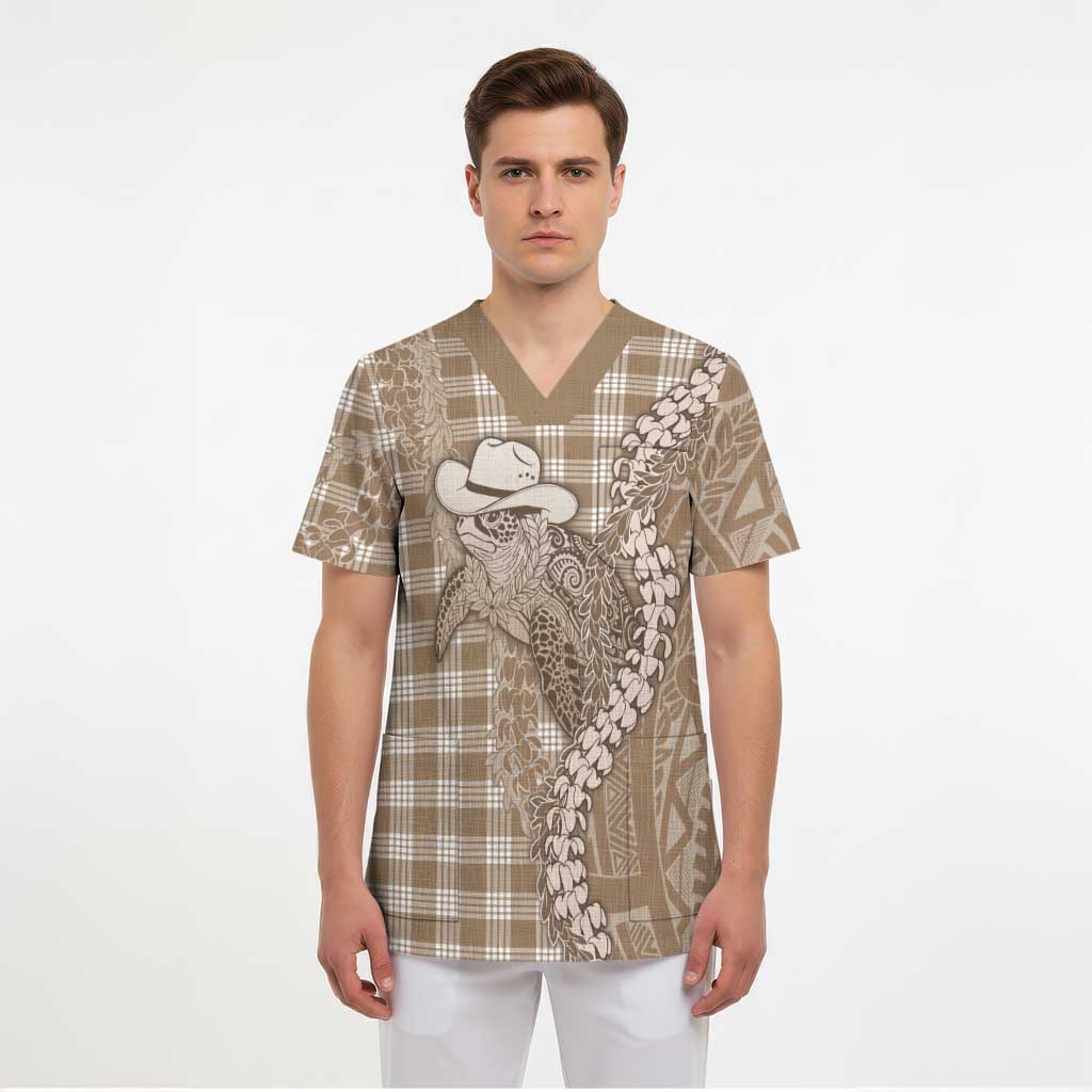 Beige Hawaii Palaka Cowboy Turtle Scrub Top Hawaiian Paniolo Puakenikeni Maile Lei - Polynesian Pride