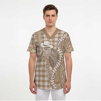 Beige Hawaii Palaka Cowboy Turtle Scrub Top Hawaiian Paniolo Puakenikeni Maile Lei - Polynesian Pride