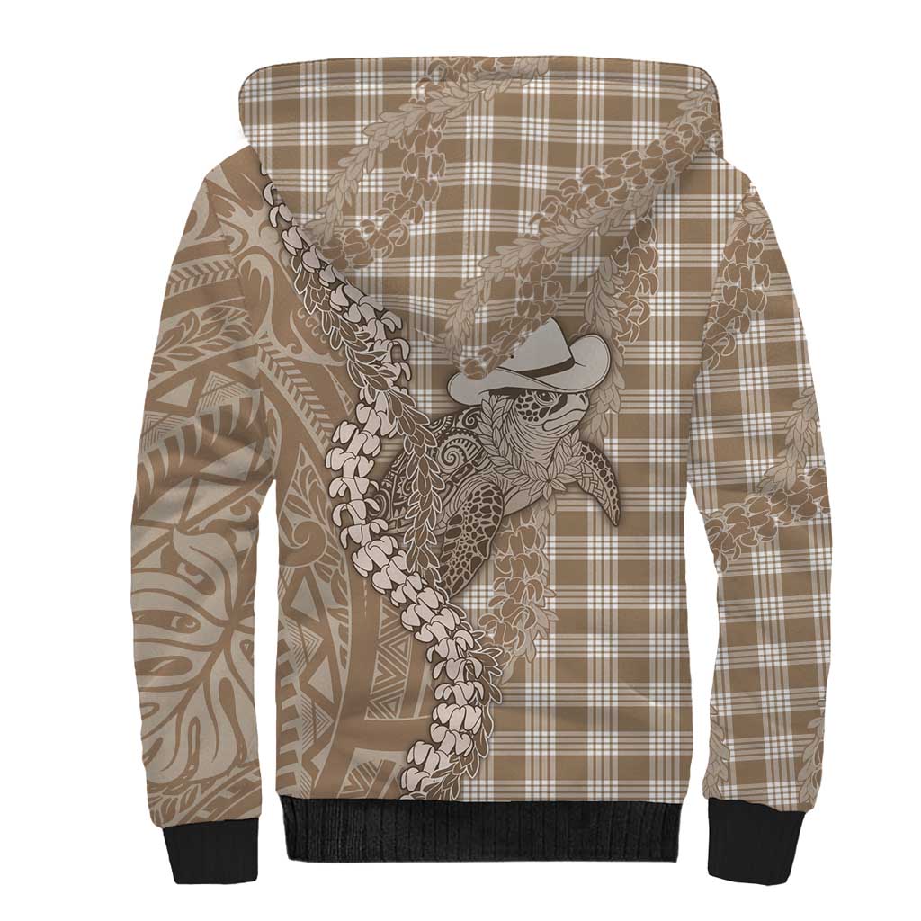 Beige Hawaii Palaka Cowboy Turtle Sherpa Hoodie Hawaiian Paniolo Puakenikeni Maile Lei - Polynesian Pride