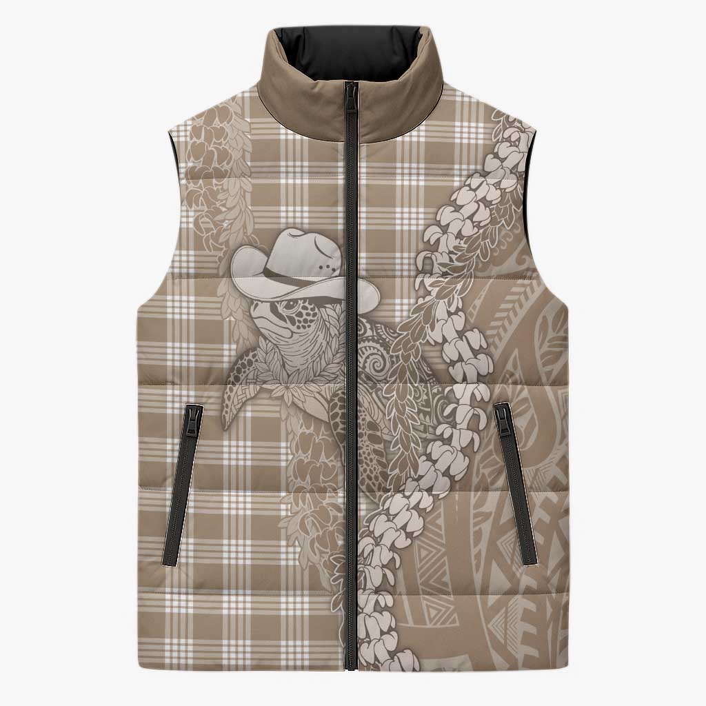 Beige Hawaii Palaka Cowboy Turtle Sleeveless Puffer Jacket Hawaiian Paniolo Puakenikeni Maile Lei - Polynesian Pride