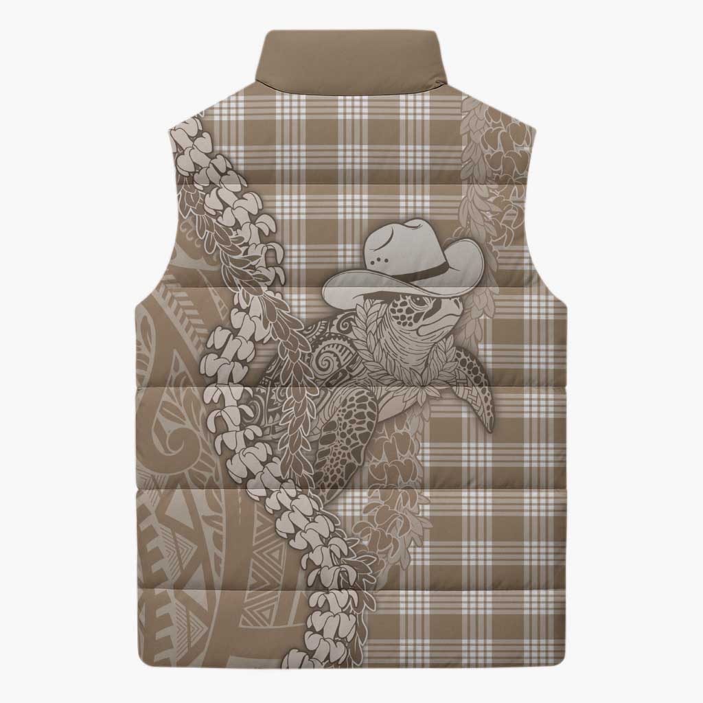 Beige Hawaii Palaka Cowboy Turtle Sleeveless Puffer Jacket Hawaiian Paniolo Puakenikeni Maile Lei - Polynesian Pride