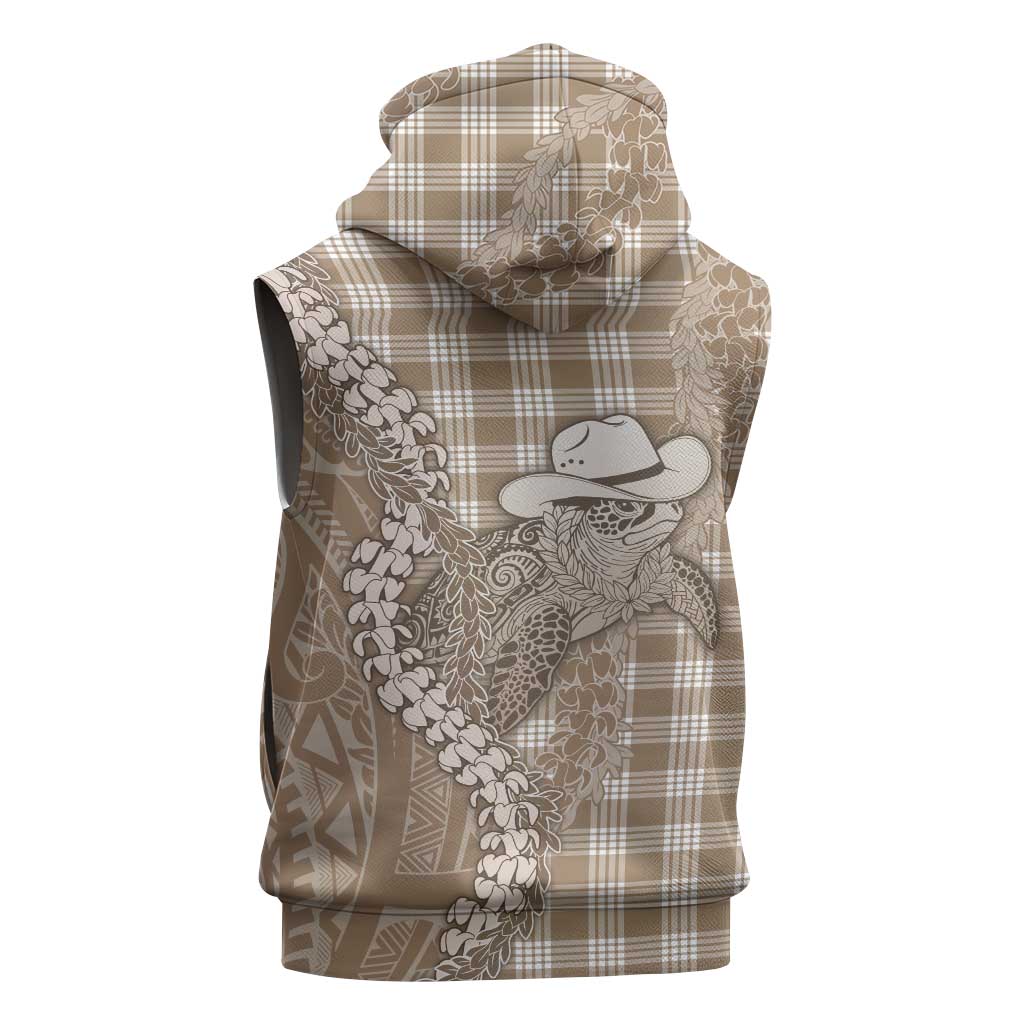 Beige Hawaii Palaka Cowboy Turtle Sleeveless Zip Hoodie Hawaiian Paniolo Puakenikeni Maile Lei - Polynesian Pride