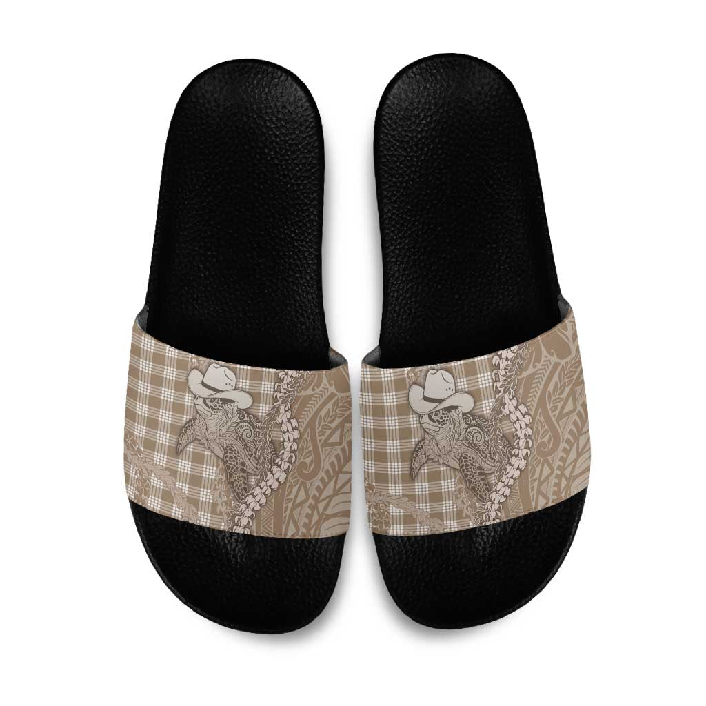 Beige Hawaii Palaka Cowboy Turtle Slide Sandals Hawaiian Paniolo Puakenikeni Maile Lei - Polynesian Pride