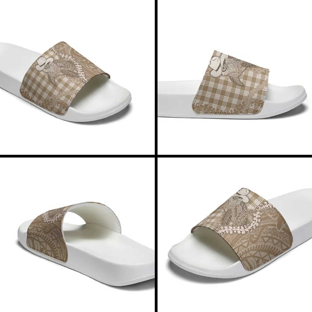 Beige Hawaii Palaka Cowboy Turtle Slide Sandals Hawaiian Paniolo Puakenikeni Maile Lei - Polynesian Pride