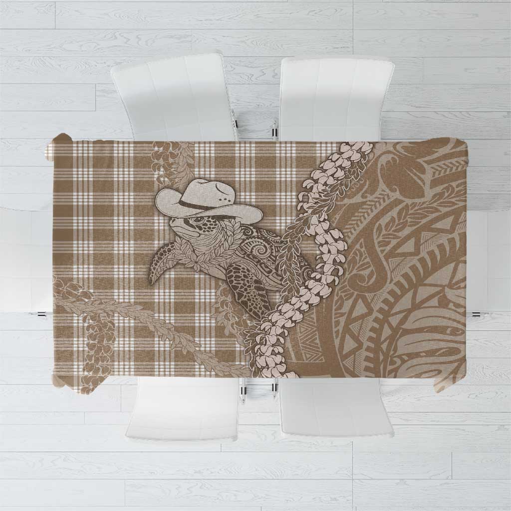 Beige Hawaii Palaka Cowboy Turtle Tablecloth Hawaiian Paniolo Puakenikeni Maile Lei - Polynesian Pride