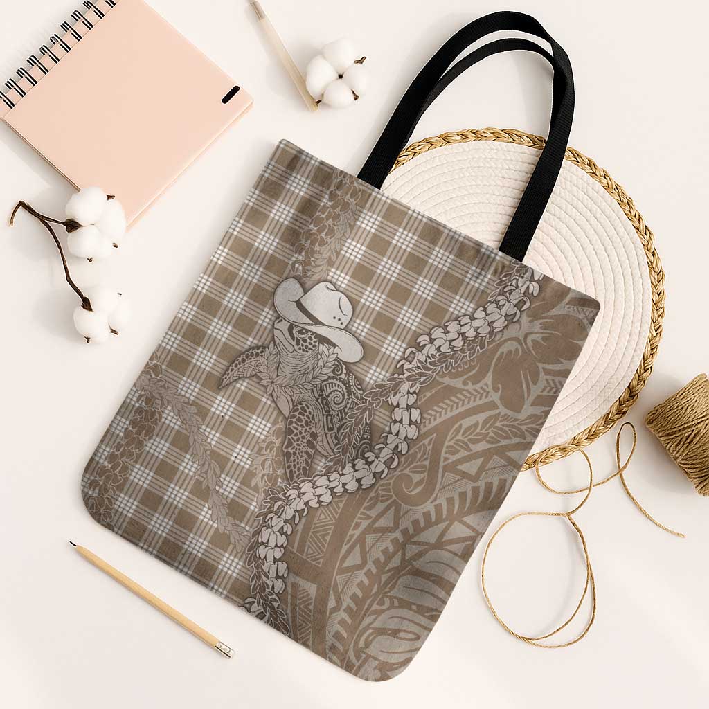 Beige Hawaii Palaka Cowboy Turtle Tote Bag Hawaiian Paniolo Puakenikeni Maile Lei - Polynesian Pride