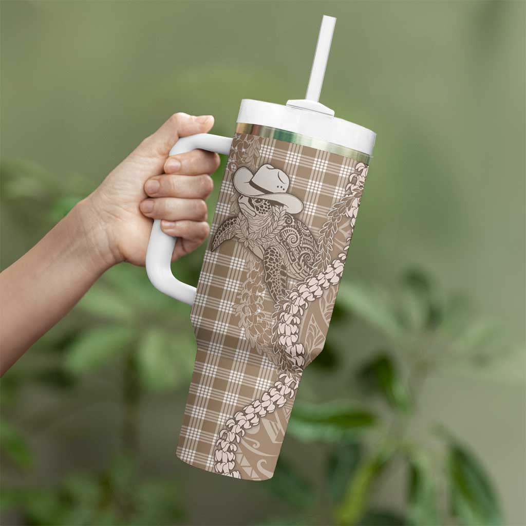 Beige Hawaii Palaka Cowboy Turtle Tumbler With Handle Hawaiian Paniolo Puakenikeni Maile Lei - Polynesian Pride