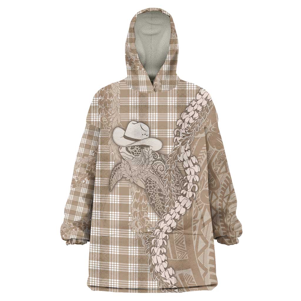 Beige Hawaii Palaka Cowboy Turtle Wearable Blanket Hoodie Hawaiian Paniolo Puakenikeni Maile Lei - Polynesian Pride