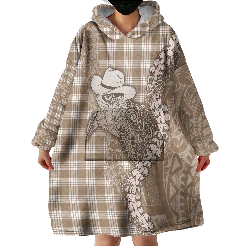 Beige Hawaii Palaka Cowboy Turtle Wearable Blanket Hoodie Hawaiian Paniolo Puakenikeni Maile Lei - Polynesian Pride