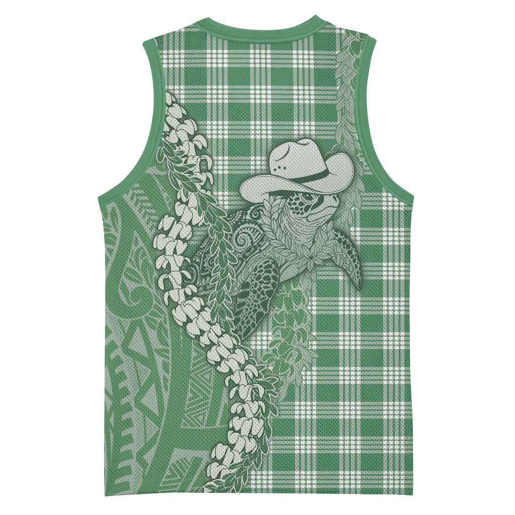 Green Hawaii Palaka Cowboy Turtle Basketball Jersey Hawaiian Paniolo Puakenikeni Maile Lei - Polynesian Pride