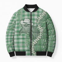 Green Hawaii Palaka Cowboy Turtle Bomber Puffer Jacket Hawaiian Paniolo Puakenikeni Maile Lei - Polynesian Pride