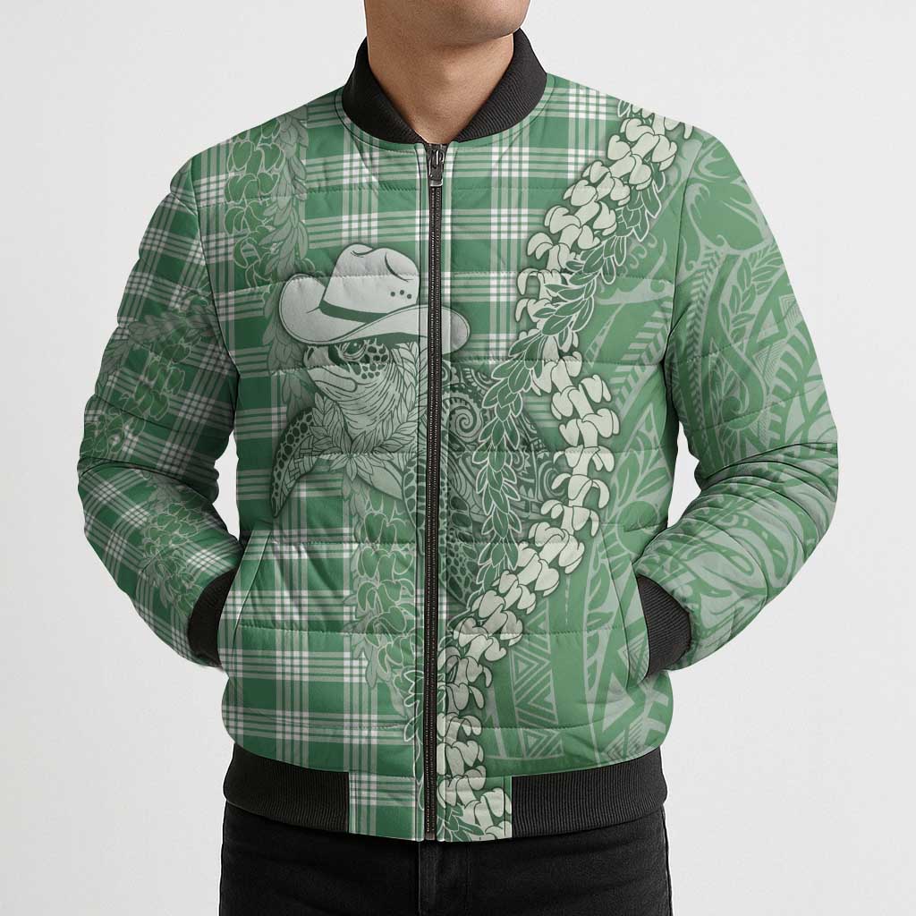 Green Hawaii Palaka Cowboy Turtle Bomber Puffer Jacket Hawaiian Paniolo Puakenikeni Maile Lei - Polynesian Pride