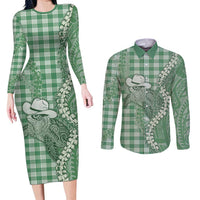 Green Hawaii Palaka Cowboy Turtle Couples Matching Long Sleeve Bodycon Dress and Long Sleeve Button Shirt Hawaiian Paniolo Puakenikeni Maile Lei - Polynesian Pride