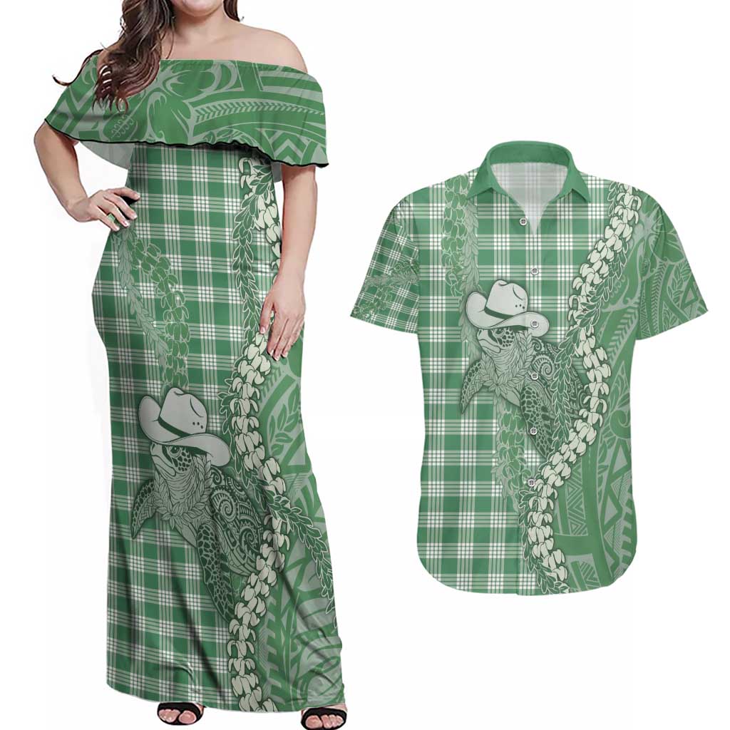 Green Hawaii Palaka Cowboy Turtle Couples Matching Off Shoulder Maxi Dress and Hawaiian Shirt Hawaiian Paniolo Puakenikeni Maile Lei - Polynesian Pride