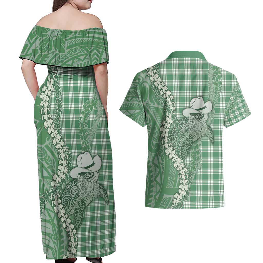 Green Hawaii Palaka Cowboy Turtle Couples Matching Off Shoulder Maxi Dress and Hawaiian Shirt Hawaiian Paniolo Puakenikeni Maile Lei - Polynesian Pride