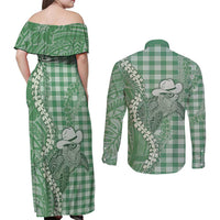 Green Hawaii Palaka Cowboy Turtle Couples Matching Off Shoulder Maxi Dress and Long Sleeve Button Shirt Hawaiian Paniolo Puakenikeni Maile Lei - Polynesian Pride