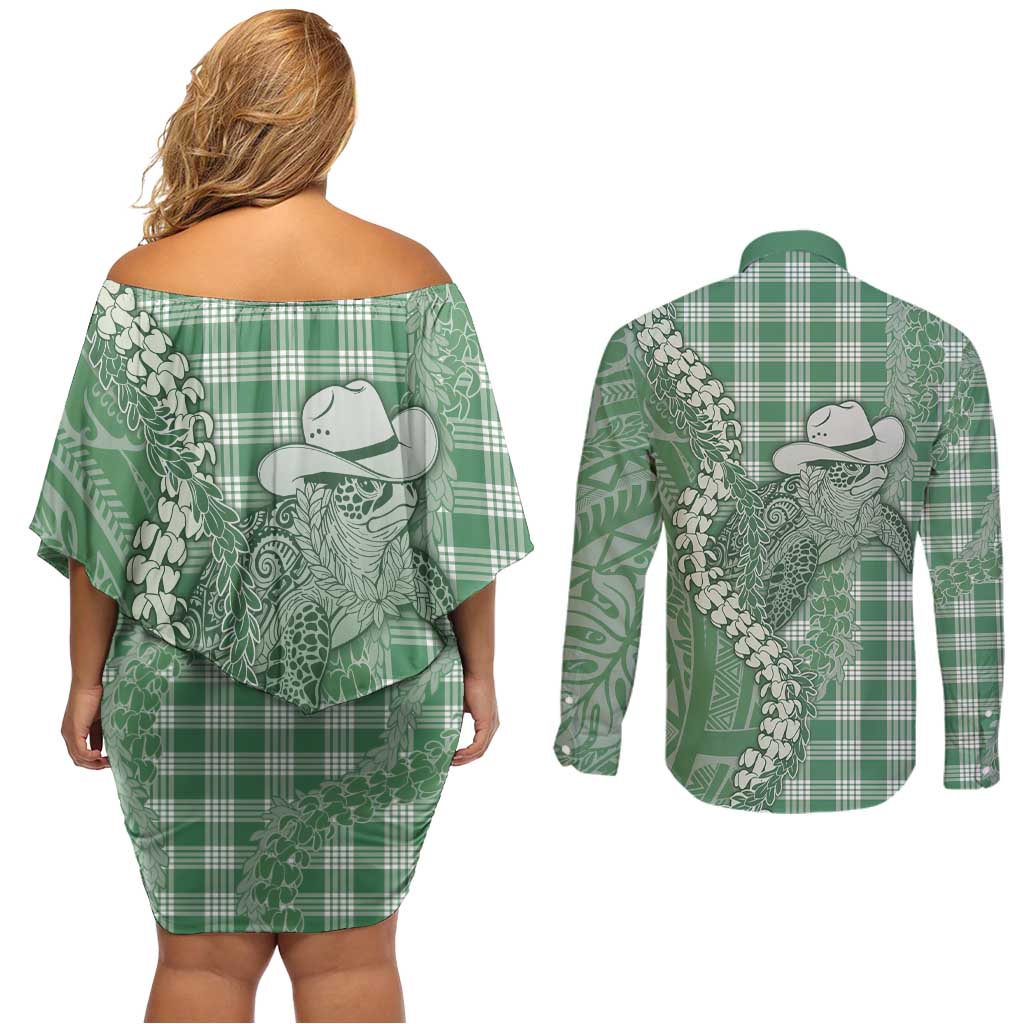 Green Hawaii Palaka Cowboy Turtle Couples Matching Off Shoulder Short Dress and Long Sleeve Button Shirt Hawaiian Paniolo Puakenikeni Maile Lei - Polynesian Pride