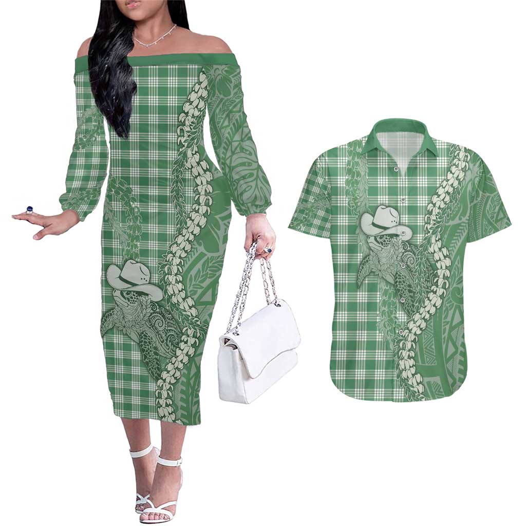 Green Hawaii Palaka Cowboy Turtle Couples Matching Off The Shoulder Long Sleeve Dress and Hawaiian Shirt Hawaiian Paniolo Puakenikeni Maile Lei - Polynesian Pride