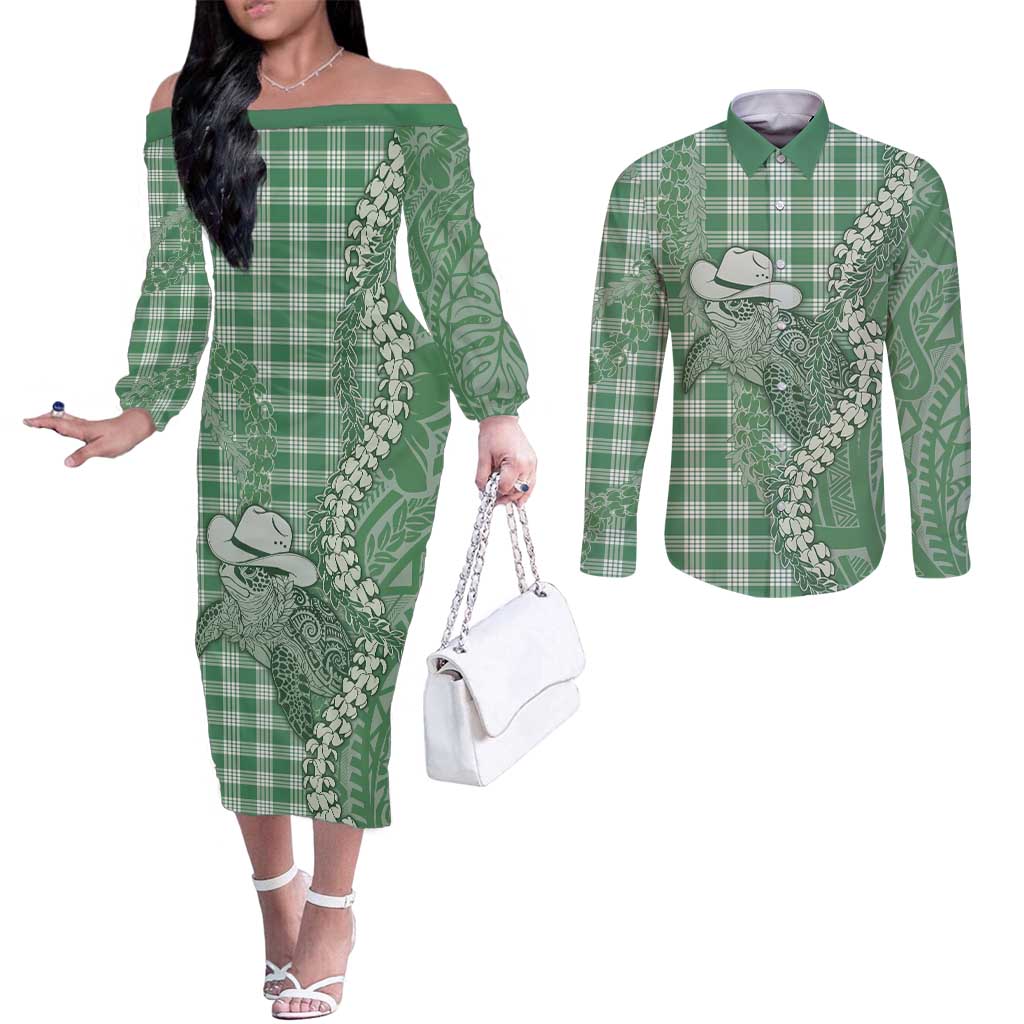 Green Hawaii Palaka Cowboy Turtle Couples Matching Off The Shoulder Long Sleeve Dress and Long Sleeve Button Shirt Hawaiian Paniolo Puakenikeni Maile Lei - Polynesian Pride
