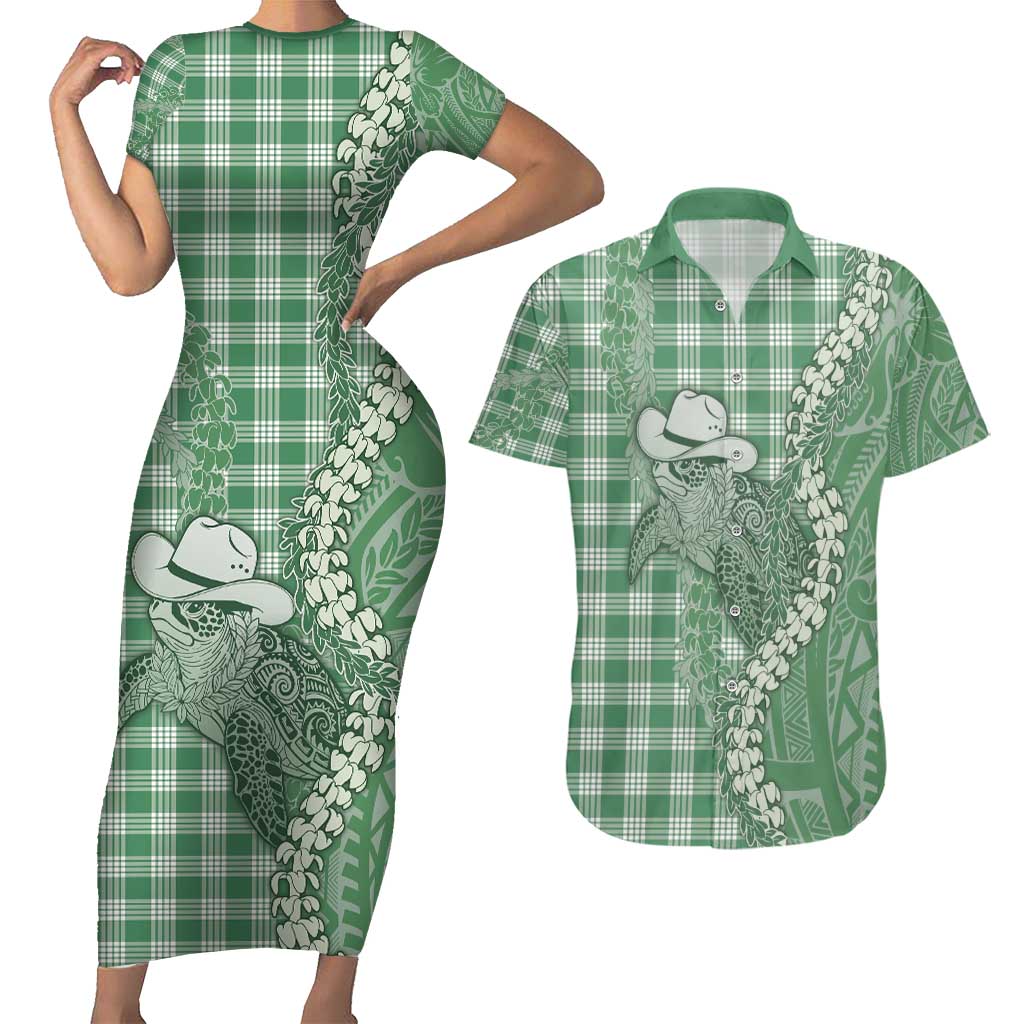 Green Hawaii Palaka Cowboy Turtle Couples Matching Short Sleeve Bodycon Dress and Hawaiian Shirt Hawaiian Paniolo Puakenikeni Maile Lei - Polynesian Pride