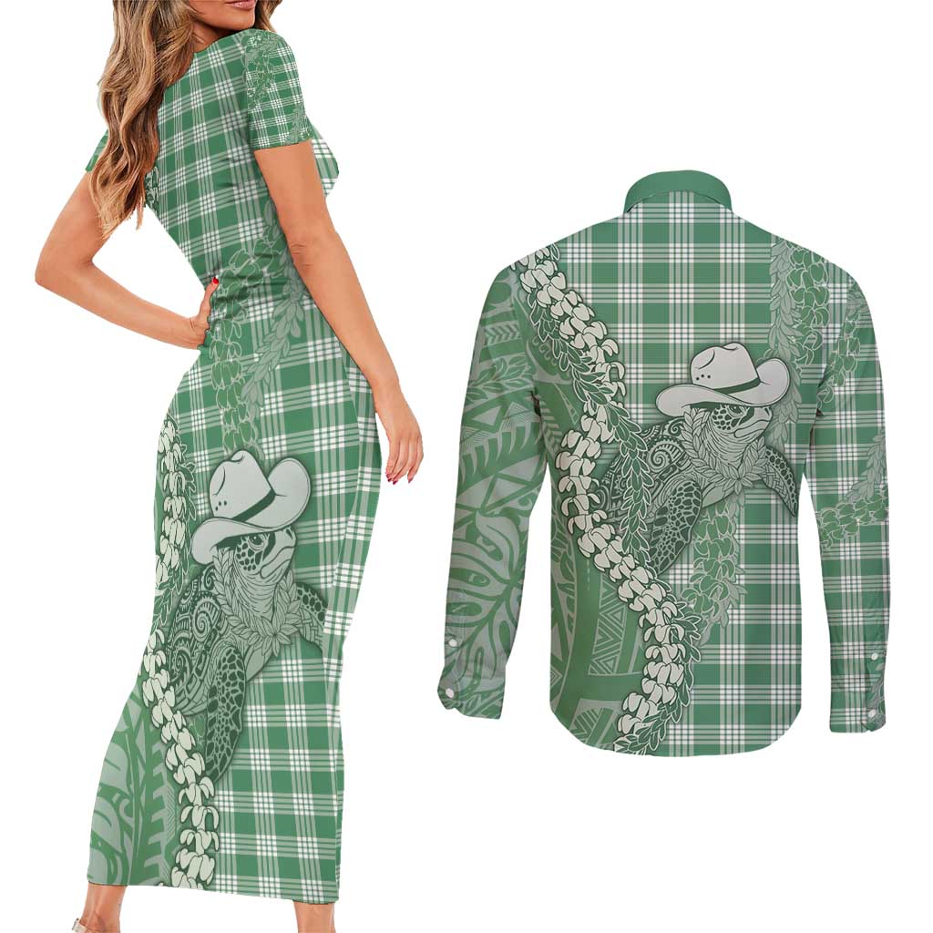 Green Hawaii Palaka Cowboy Turtle Couples Matching Short Sleeve Bodycon Dress and Long Sleeve Button Shirt Hawaiian Paniolo Puakenikeni Maile Lei - Polynesian Pride