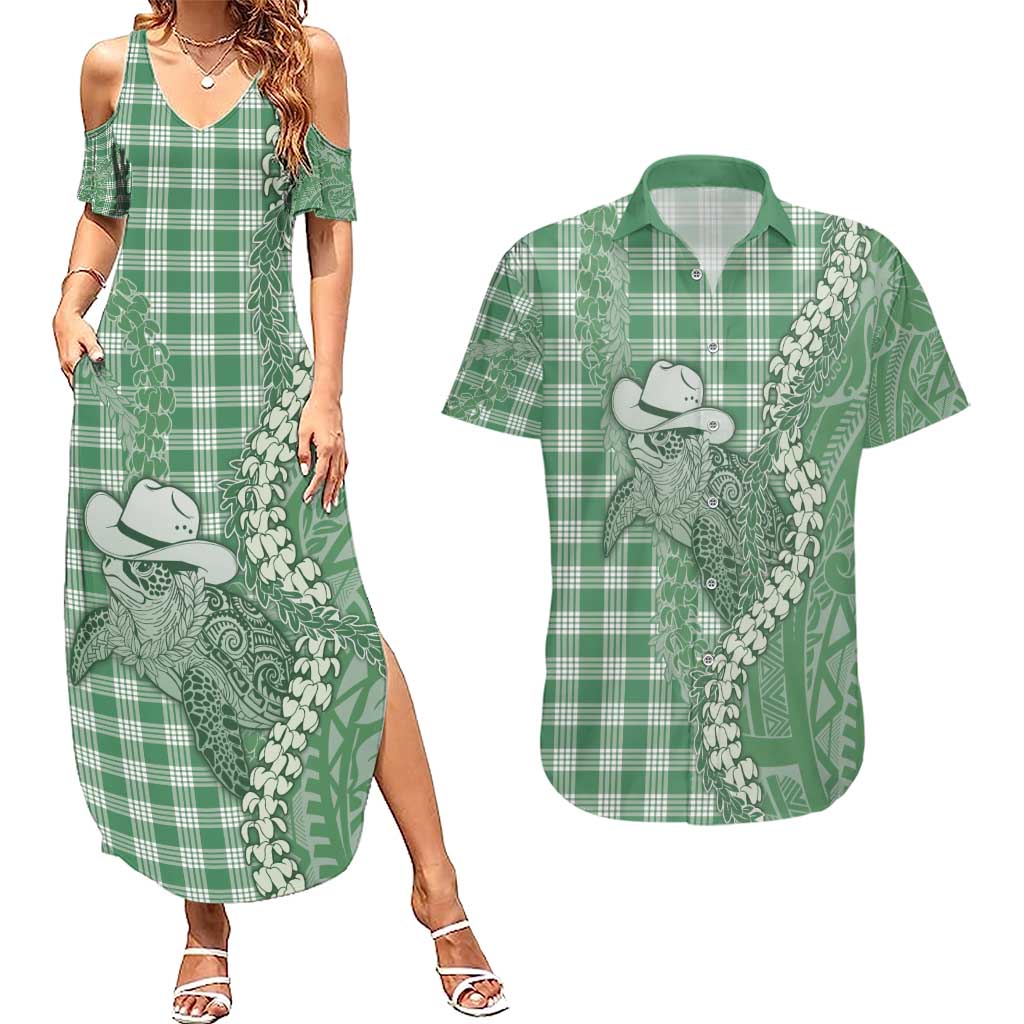 Green Hawaii Palaka Cowboy Turtle Couples Matching Summer Maxi Dress and Hawaiian Shirt Hawaiian Paniolo Puakenikeni Maile Lei - Polynesian Pride