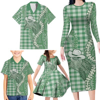 Green Hawaii Palaka Cowboy Turtle Family Matching Long Sleeve Bodycon Dress and Hawaiian Shirt Hawaiian Paniolo Puakenikeni Maile Lei - Polynesian Pride