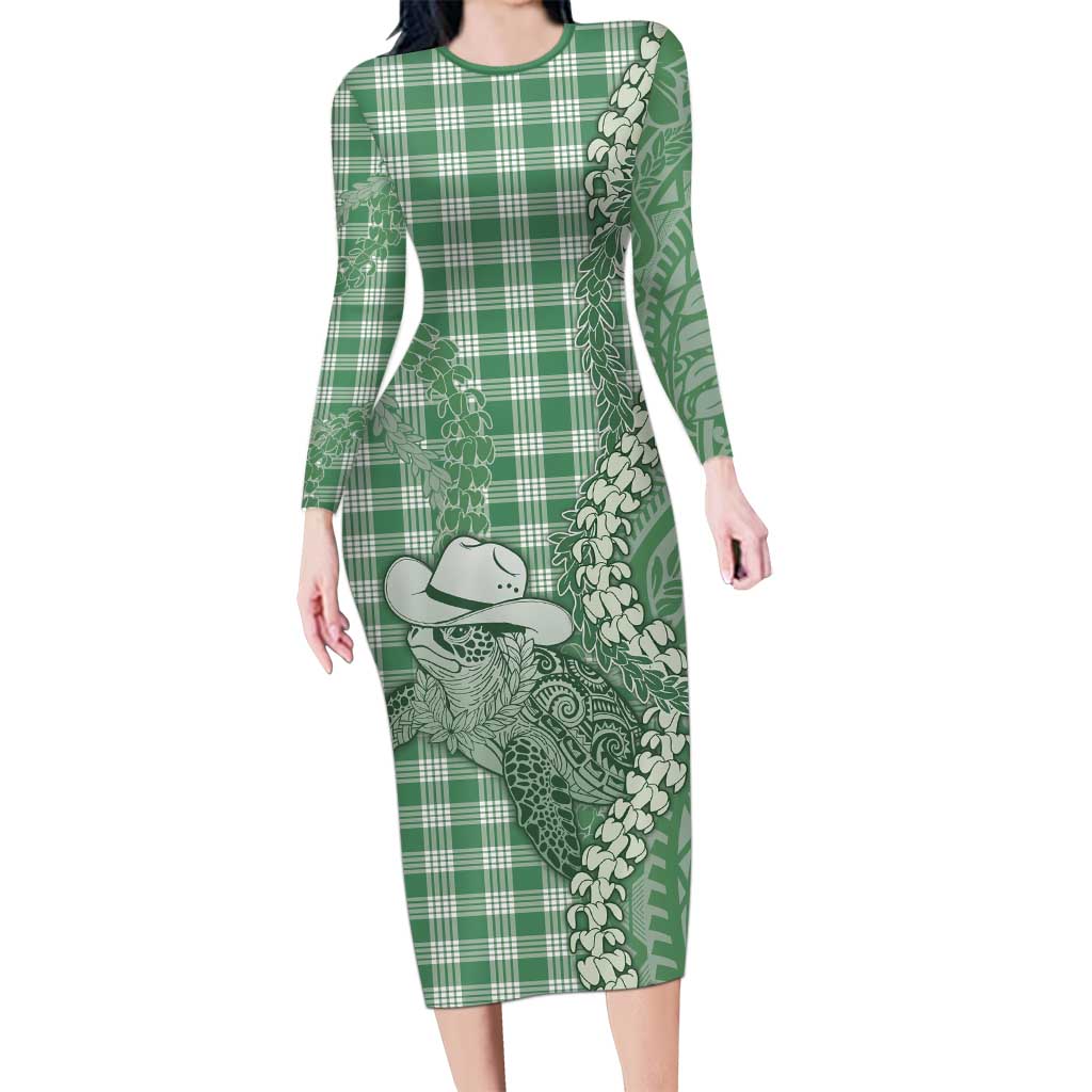 Green Hawaii Palaka Cowboy Turtle Family Matching Long Sleeve Bodycon Dress and Hawaiian Shirt Hawaiian Paniolo Puakenikeni Maile Lei - Polynesian Pride