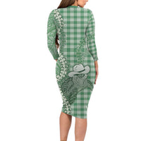 Green Hawaii Palaka Cowboy Turtle Family Matching Long Sleeve Bodycon Dress and Hawaiian Shirt Hawaiian Paniolo Puakenikeni Maile Lei - Polynesian Pride
