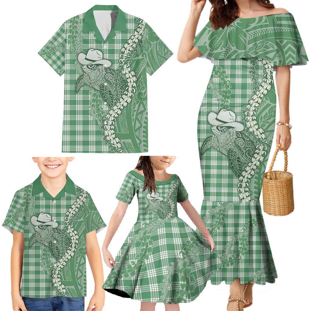 Green Hawaii Palaka Cowboy Turtle Family Matching Mermaid Dress and Hawaiian Shirt Hawaiian Paniolo Puakenikeni Maile Lei - Polynesian Pride