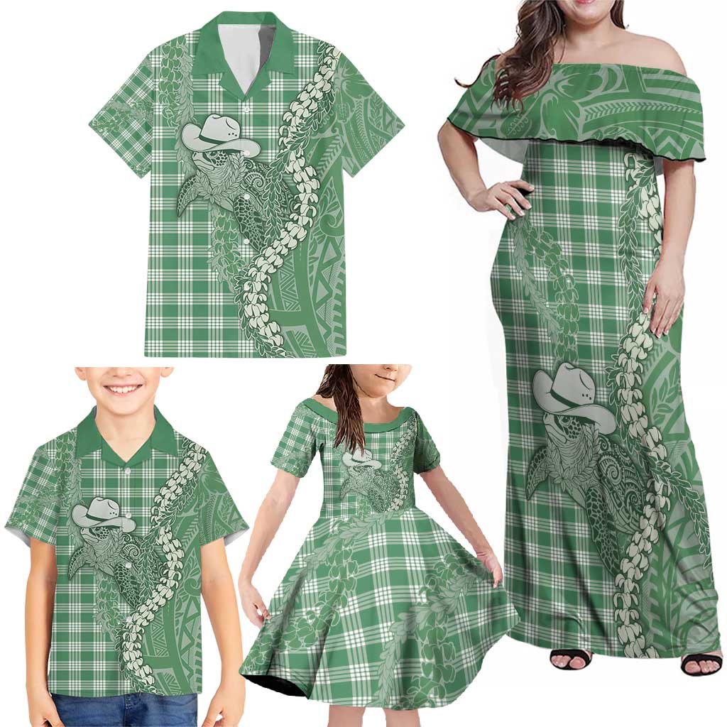 Green Hawaii Palaka Cowboy Turtle Family Matching Off Shoulder Maxi Dress and Hawaiian Shirt Hawaiian Paniolo Puakenikeni Maile Lei - Polynesian Pride